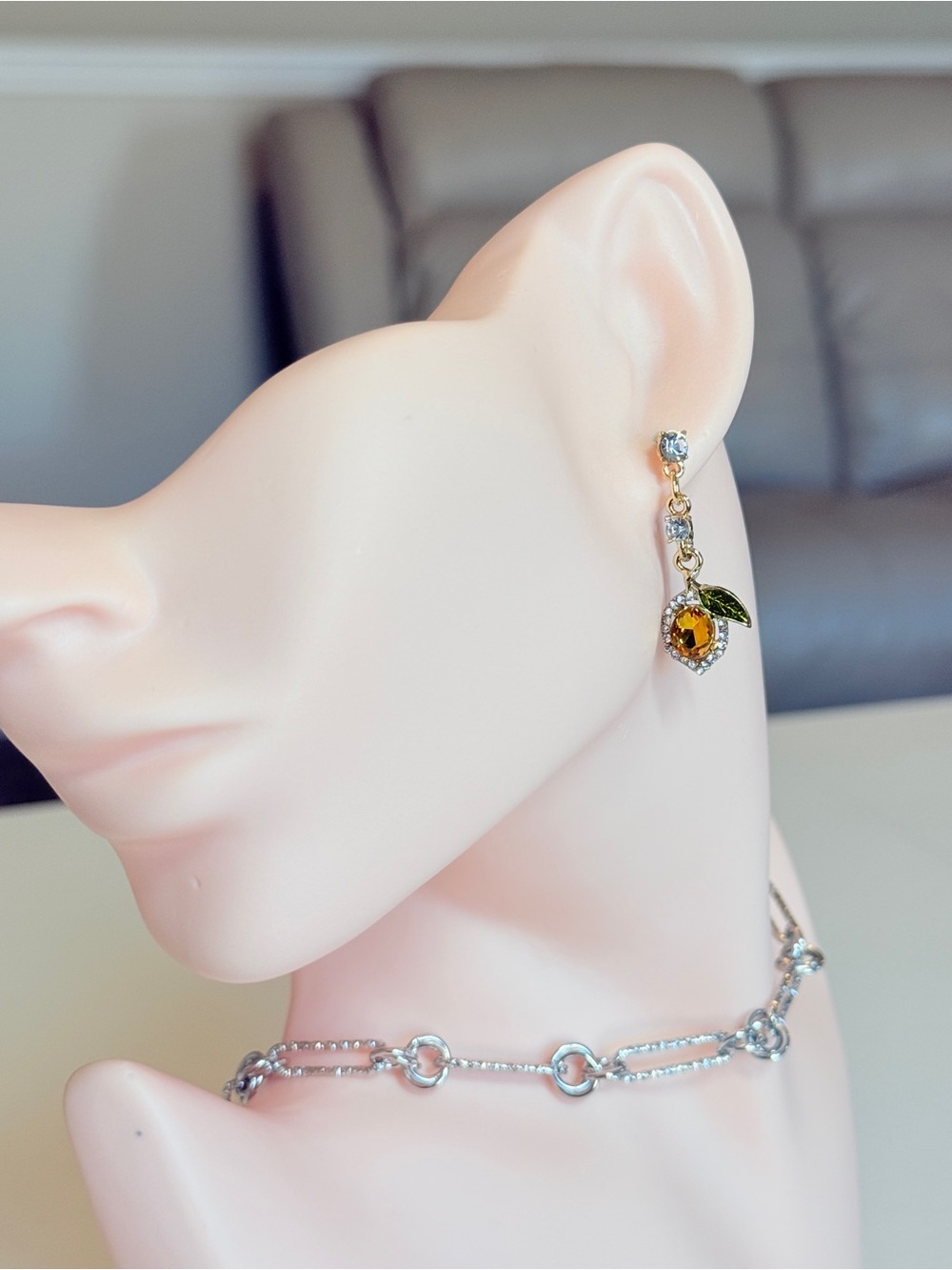 Gold Drop Earrings with Amber Crystal and Green Leaf - Picture 3 of 14